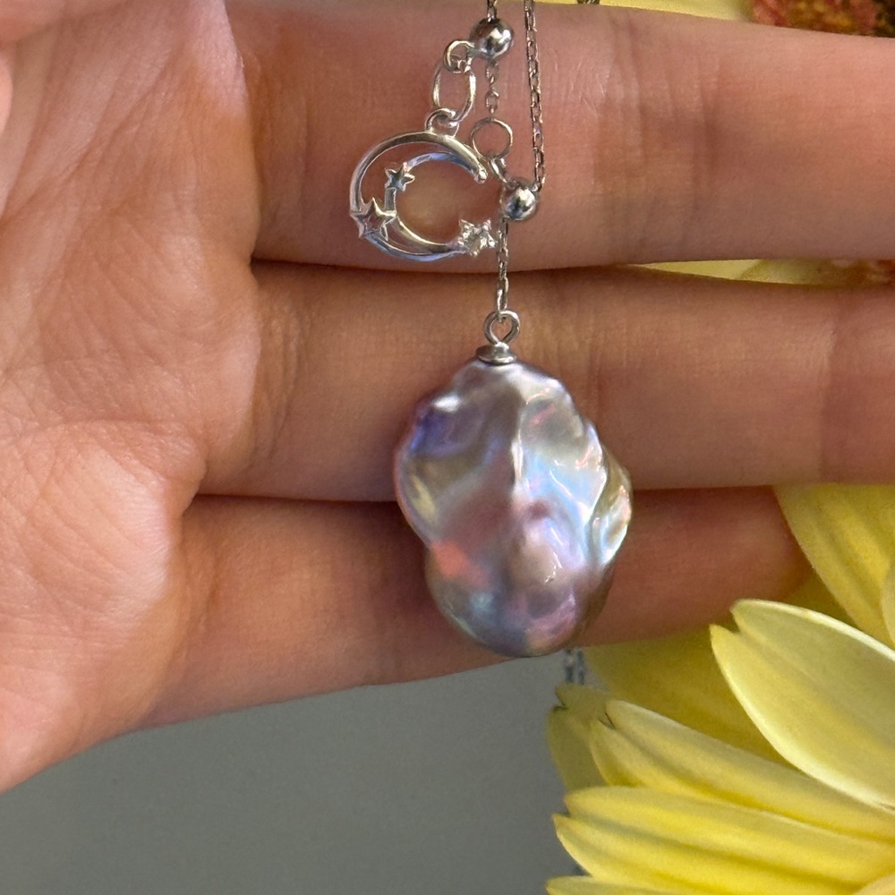 Silver Moon Charm Necklace with Iridescent Baroque Pearl - Pink-Blue Hues